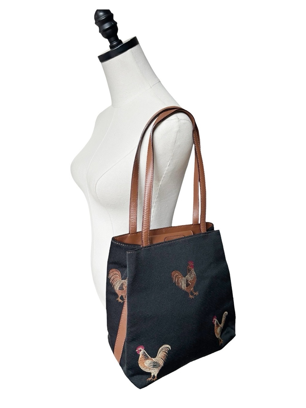 Talbots vintage black woven embroidered roster shoulder tote bag with brown trim - Picture 2 of 15